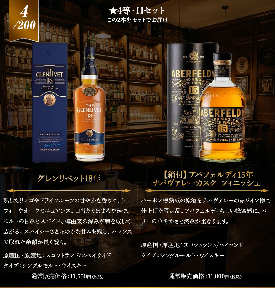 4等賞　Hセット：グレンリベット18年/【箱付】アバフェルディ15年 ナパヴァレーカスク フィニッシュ